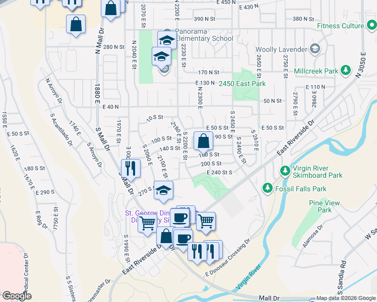 map of restaurants, bars, coffee shops, grocery stores, and more near 2226 East 140 South in St. George