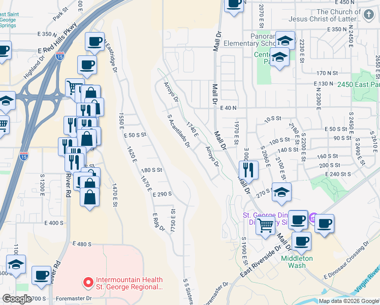 map of restaurants, bars, coffee shops, grocery stores, and more near 86 South Acantilado Drive in St. George
