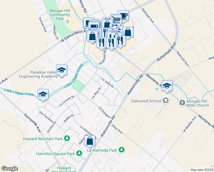 map of restaurants, bars, coffee shops, grocery stores, and more near 329 Vía Navona in Morgan Hill