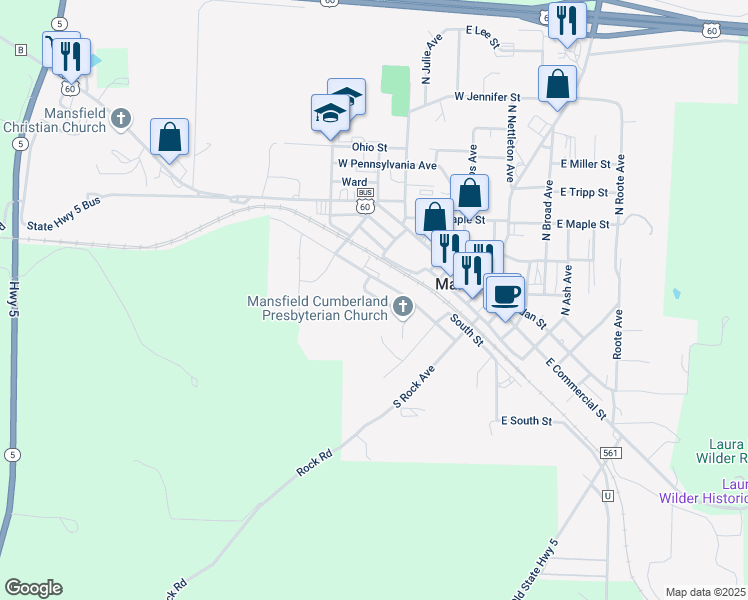 map of restaurants, bars, coffee shops, grocery stores, and more near 407 West Keith Street in Mansfield