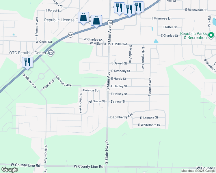 map of restaurants, bars, coffee shops, grocery stores, and more near 1001 South Main Avenue in Republic