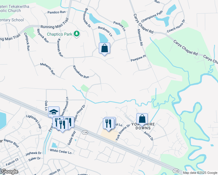 map of restaurants, bars, coffee shops, grocery stores, and more near 610 Robin Hood Drive in Yorktown
