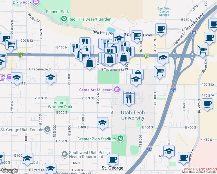 map of restaurants, bars, coffee shops, grocery stores, and more near 649 East 160 South in St. George