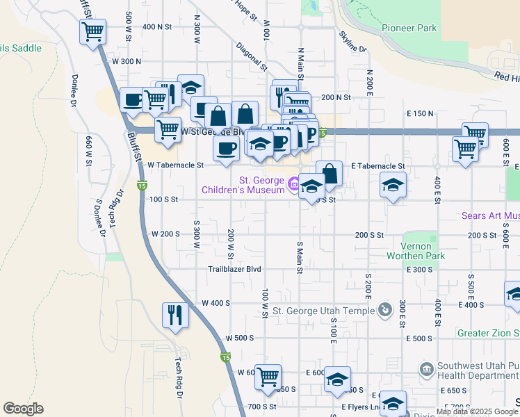 map of restaurants, bars, coffee shops, grocery stores, and more near 154 West 100 South in St. George