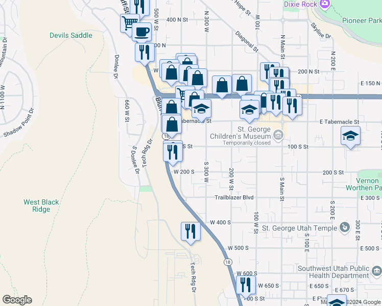map of restaurants, bars, coffee shops, grocery stores, and more near 162 South 300 West in St. George