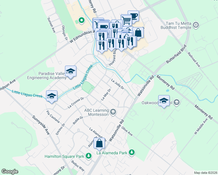 map of restaurants, bars, coffee shops, grocery stores, and more near 15385 La Mar Drive in Morgan Hill
