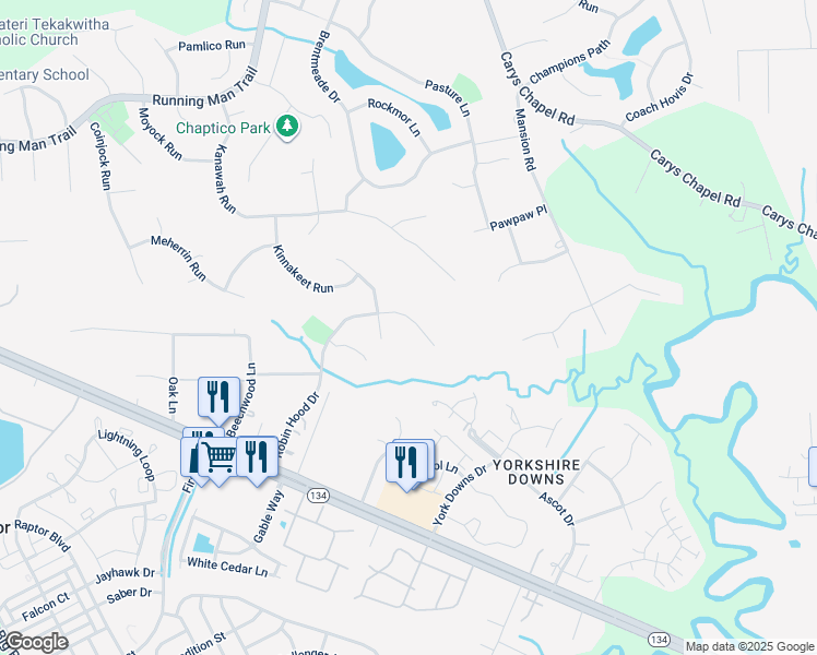 map of restaurants, bars, coffee shops, grocery stores, and more near 610 Robin Hood Drive in Yorktown