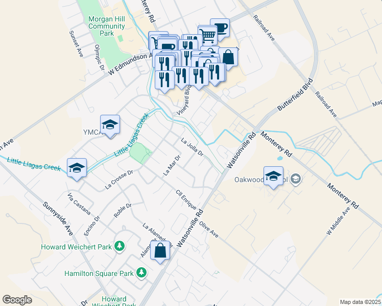 map of restaurants, bars, coffee shops, grocery stores, and more near 329 Vía Navona in Morgan Hill