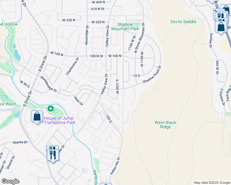 map of restaurants, bars, coffee shops, grocery stores, and more near 120 1250 West Street in St. George