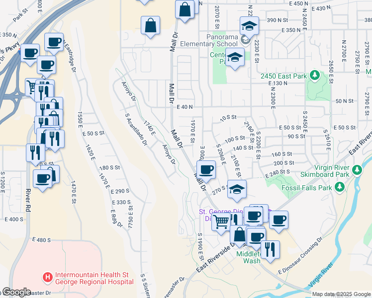 map of restaurants, bars, coffee shops, grocery stores, and more near 1940 East 110 South Street in St. George