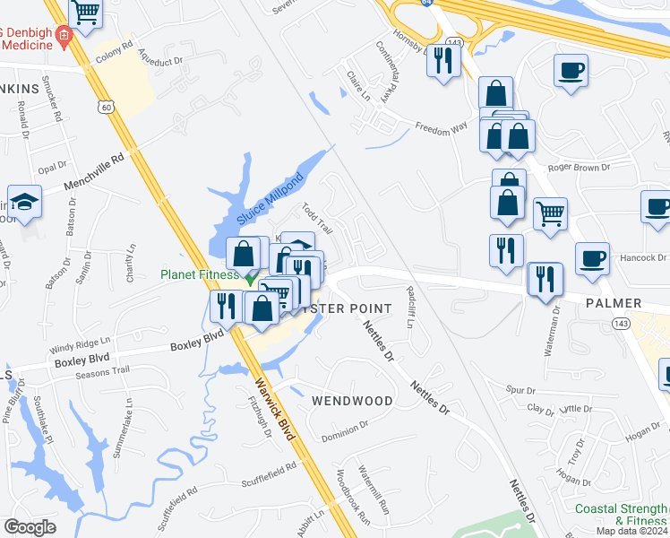 map of restaurants, bars, coffee shops, grocery stores, and more near 570 Todd Trail in Newport News