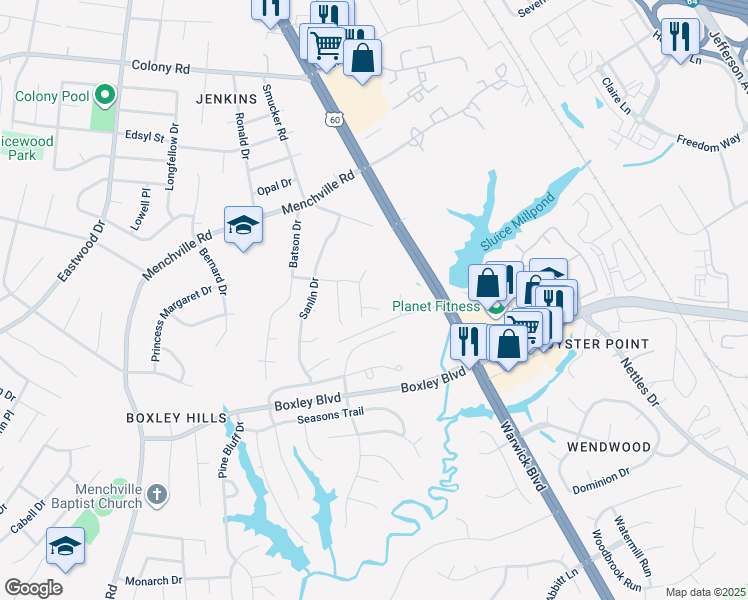map of restaurants, bars, coffee shops, grocery stores, and more near 304 Hope Court in Newport News