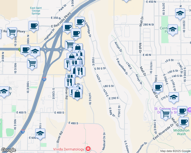map of restaurants, bars, coffee shops, grocery stores, and more near 110 South Eastridge Drive in St. George