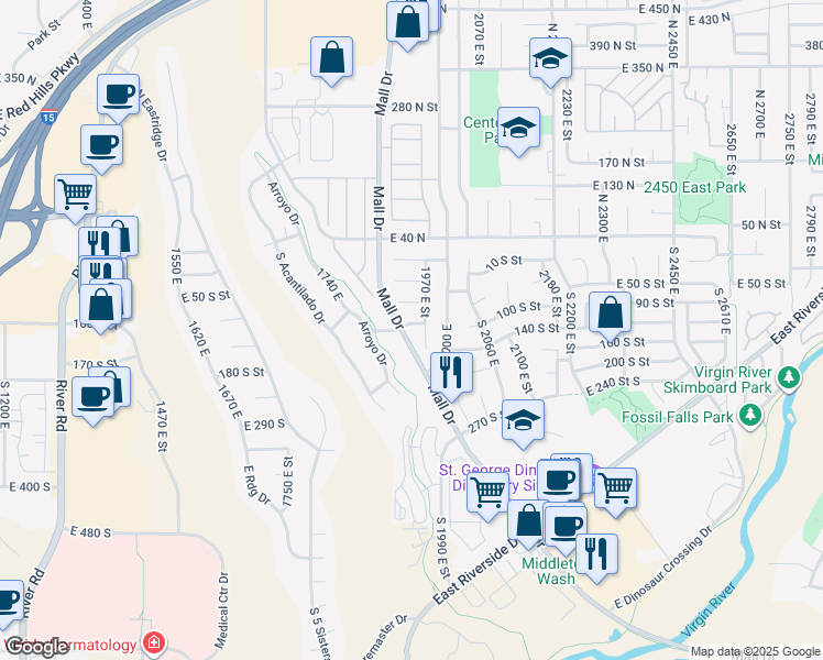 map of restaurants, bars, coffee shops, grocery stores, and more near 1940 East 110 South Street in St. George