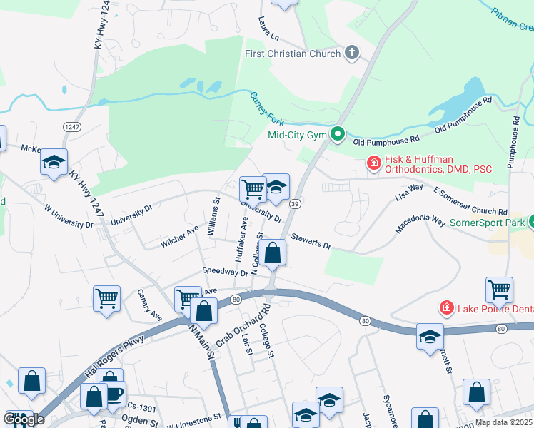 map of restaurants, bars, coffee shops, grocery stores, and more near 511 University Drive in Somerset