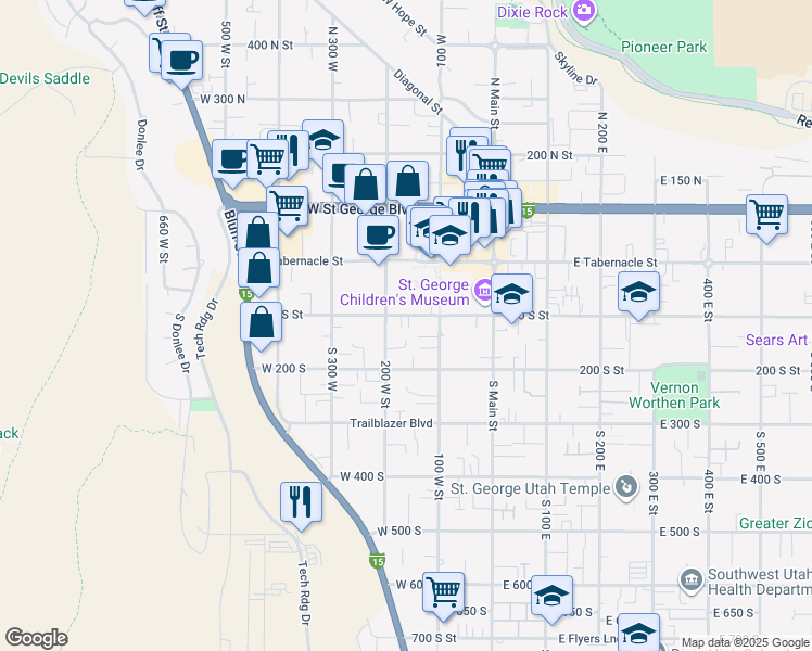 map of restaurants, bars, coffee shops, grocery stores, and more near 165 South 200 West in St. George