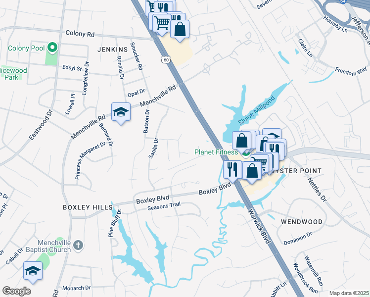 map of restaurants, bars, coffee shops, grocery stores, and more near 304 Hope Court in Newport News
