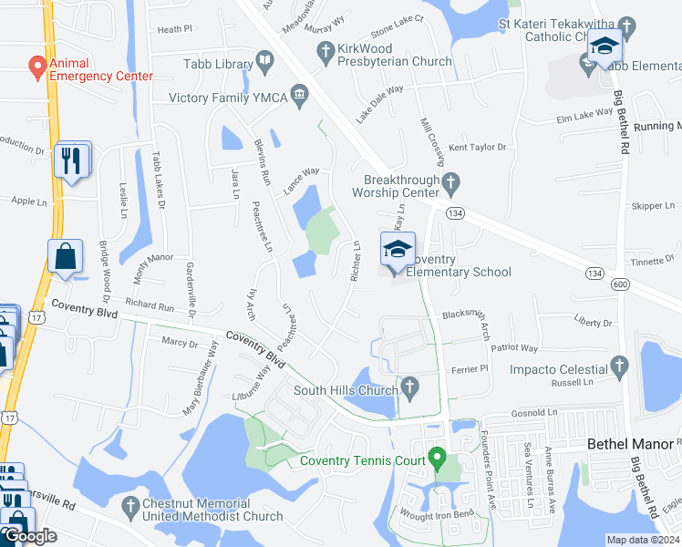 map of restaurants, bars, coffee shops, grocery stores, and more near 115 Sheldon Court in Yorktown