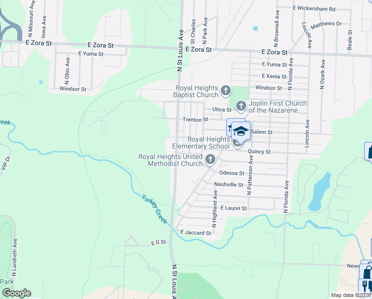 map of restaurants, bars, coffee shops, grocery stores, and more near 1355-1799 N St Louis Ave in Joplin