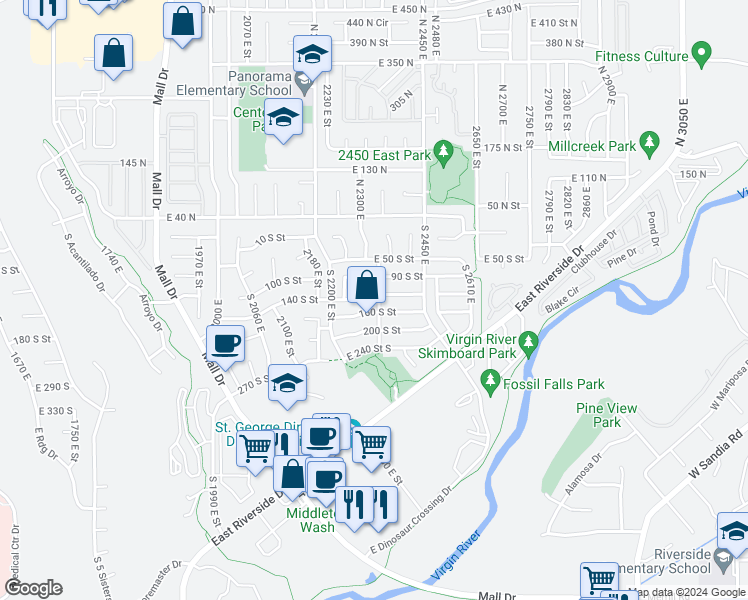 map of restaurants, bars, coffee shops, grocery stores, and more near 2326 East 140 South in St. George