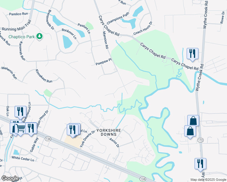 map of restaurants, bars, coffee shops, grocery stores, and more near 112 Estons Run in Yorktown