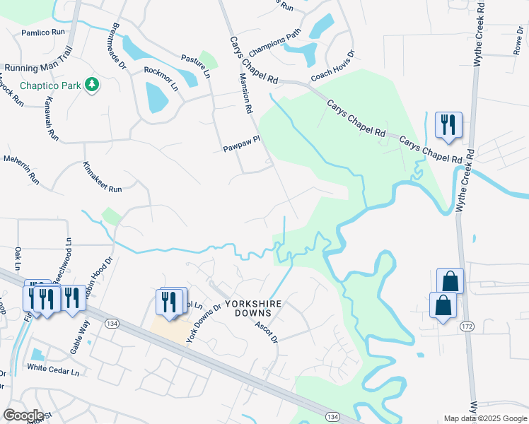 map of restaurants, bars, coffee shops, grocery stores, and more near 112 Estons Run in Yorktown