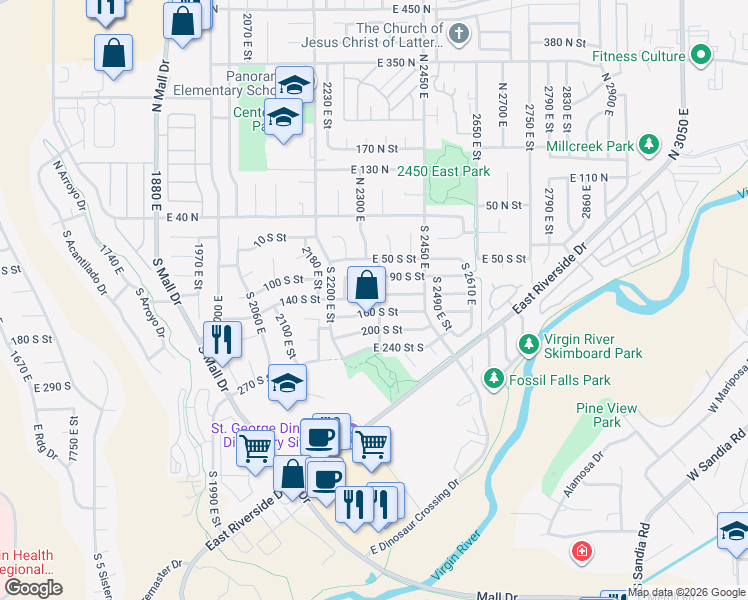 map of restaurants, bars, coffee shops, grocery stores, and more near 2351 200 South Street in St. George