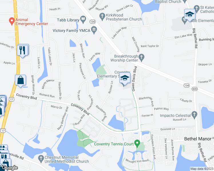 map of restaurants, bars, coffee shops, grocery stores, and more near 115 Sheldon Court in Yorktown