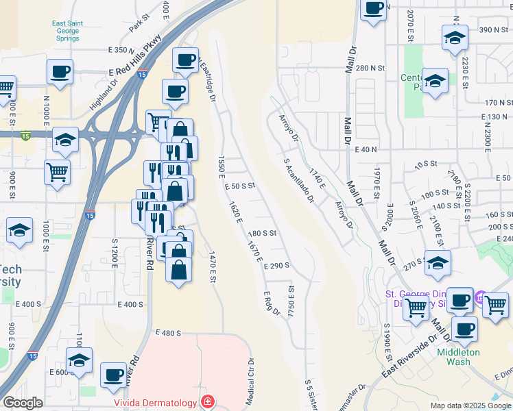 map of restaurants, bars, coffee shops, grocery stores, and more near 1646 East 90 South Circle in St. George