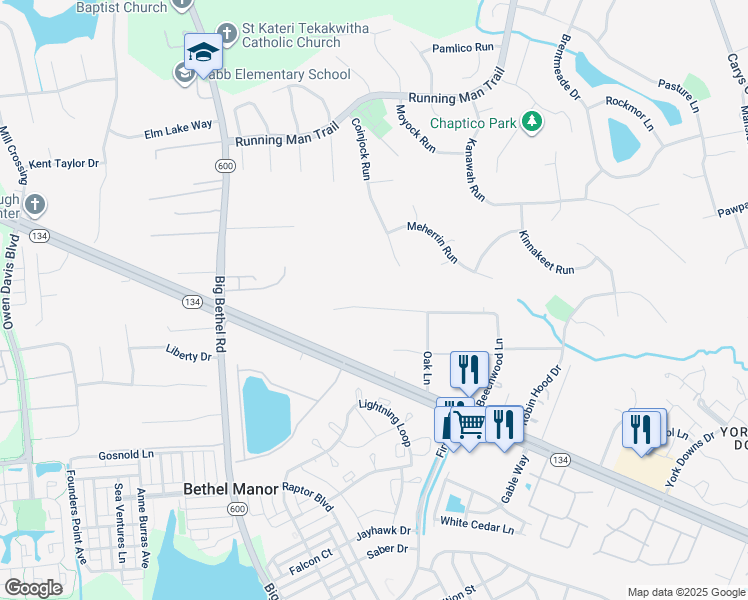 map of restaurants, bars, coffee shops, grocery stores, and more near 212 Bayberry Lane in Yorktown
