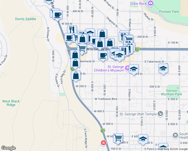 map of restaurants, bars, coffee shops, grocery stores, and more near 268 West 100 South in St. George