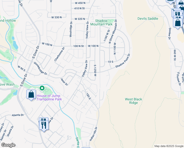 map of restaurants, bars, coffee shops, grocery stores, and more near 80 South 1300 West in St. George