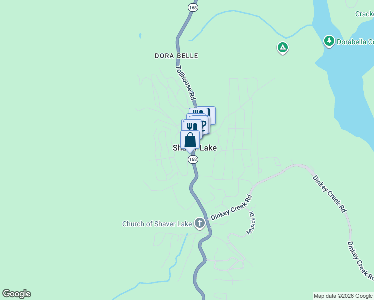 map of restaurants, bars, coffee shops, grocery stores, and more near 41791 Knobcone Lane in Shaver Lake