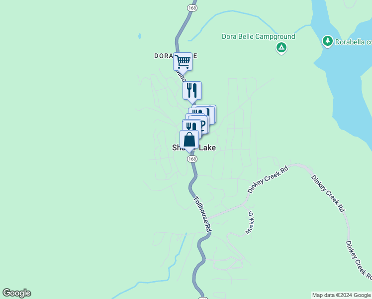 map of restaurants, bars, coffee shops, grocery stores, and more near 41791 Knobcone Lane in Shaver Lake