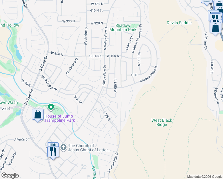 map of restaurants, bars, coffee shops, grocery stores, and more near 80 South 1300 West in St. George