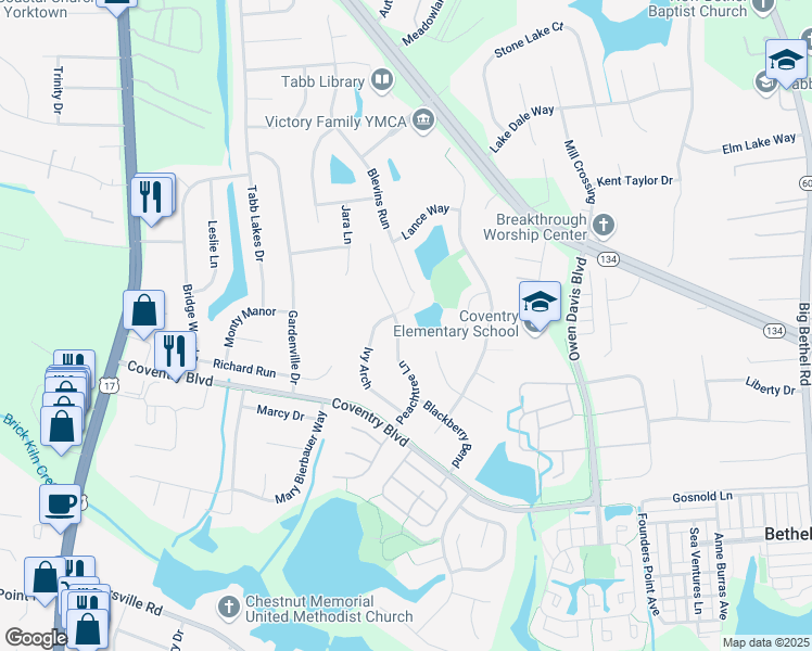 map of restaurants, bars, coffee shops, grocery stores, and more near 322 Peachtree Lane in Yorktown
