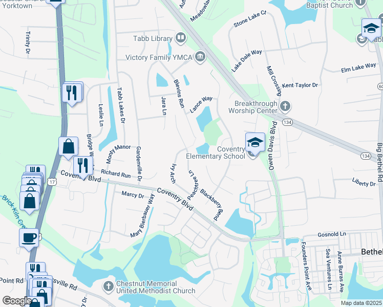 map of restaurants, bars, coffee shops, grocery stores, and more near 322 Peachtree Lane in Yorktown