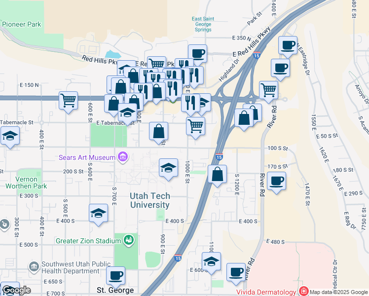map of restaurants, bars, coffee shops, grocery stores, and more near in St. George