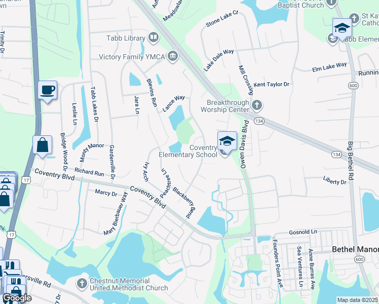 map of restaurants, bars, coffee shops, grocery stores, and more near 114 Sheldon Court in Yorktown