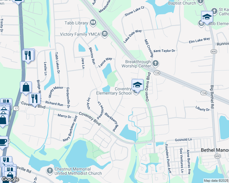 map of restaurants, bars, coffee shops, grocery stores, and more near 114 Sheldon Court in Yorktown