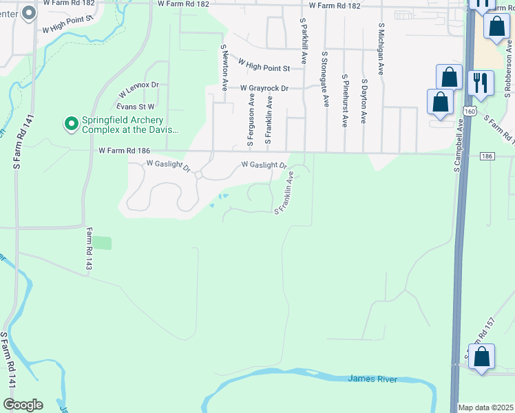 map of restaurants, bars, coffee shops, grocery stores, and more near 1242 West Farm Road 186 in Springfield