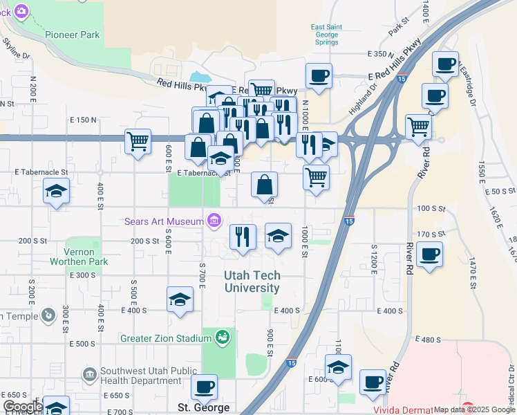 map of restaurants, bars, coffee shops, grocery stores, and more near 974 East 100 South in Saint George