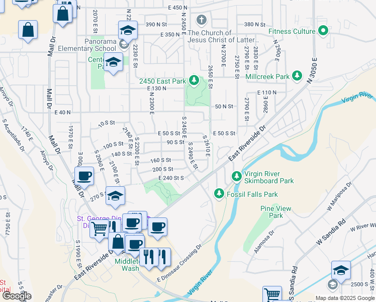 map of restaurants, bars, coffee shops, grocery stores, and more near 138 South 2490 East in Saint George