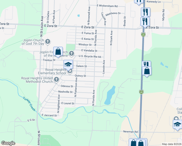 map of restaurants, bars, coffee shops, grocery stores, and more near 1904 North Florida Avenue in Joplin