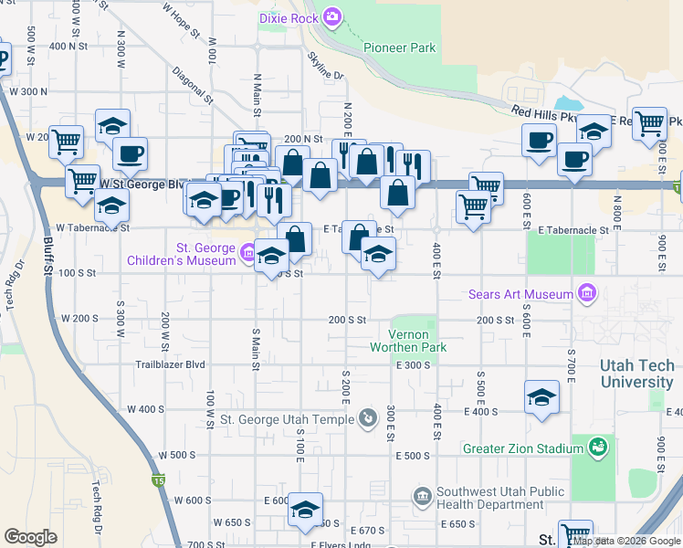 map of restaurants, bars, coffee shops, grocery stores, and more near 195 East 100 South in Saint George