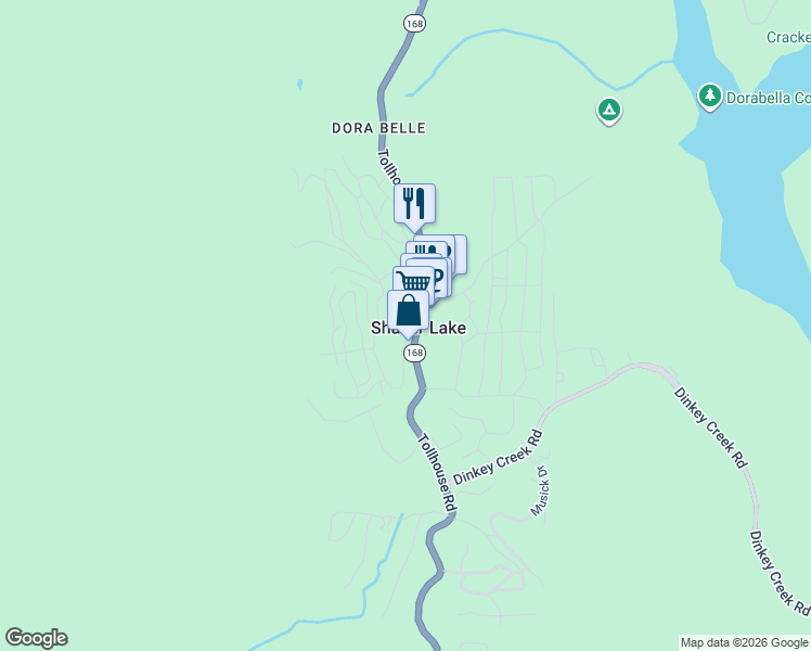 map of restaurants, bars, coffee shops, grocery stores, and more near 41836 Toyon in Shaver Lake