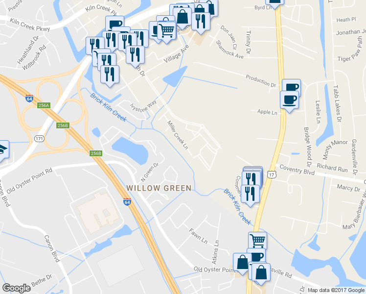 map of restaurants, bars, coffee shops, grocery stores, and more near 855 Miller Creek Lane in Newport News
