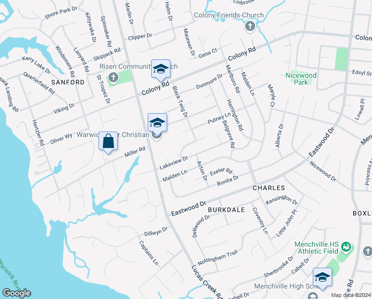 map of restaurants, bars, coffee shops, grocery stores, and more near 116 Plainfield Drive in Newport News