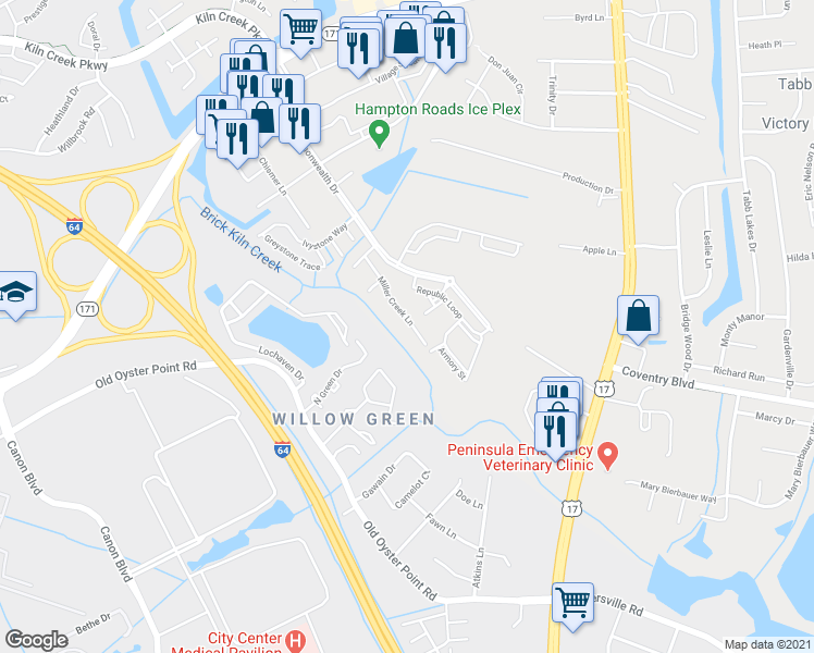 map of restaurants, bars, coffee shops, grocery stores, and more near 875 Miller Creek Lane in Newport News