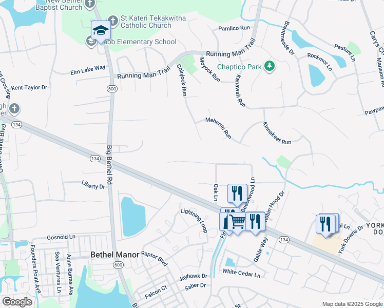 map of restaurants, bars, coffee shops, grocery stores, and more near 210 Bayberry Ln in Yorktown